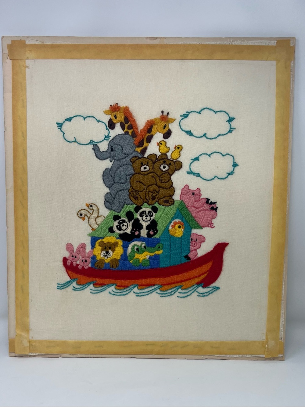 Vintage Hand Made Noah’s Ark Crewel Embroidery Nursery Wall Art Animal Textile